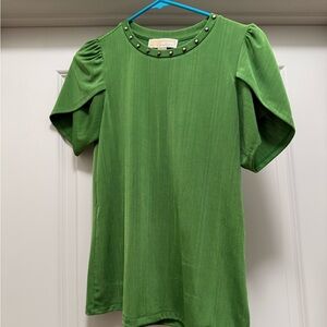 Michael Kors Vintage-Inspired Green Studded Neck Puff Sleeve Top